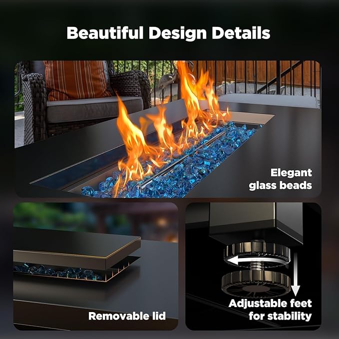 Ciays 43″ Propane Fire Pit with Glass Beads & Lid, 60,000 BTU CSA-Certified Gas Fire Pits with Cup Holders, Hanging Shelf & Nylon Cover, Large Fire Pit Table for Patio/Porch/Deck, Black