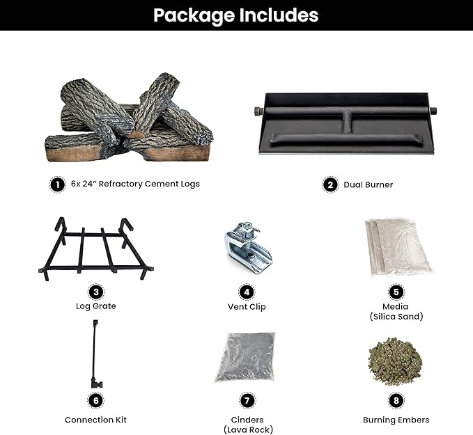24" Premium Gas Logs - Match Light Kit Included - for Natural Gas Vented Fireplaces - Blazing Oak Design (Logs + Match Light Kit)