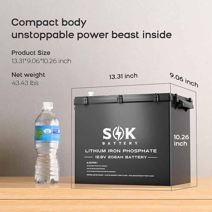 SOK Battery 12V 206Ah LiFePO4 Lithium Battery with Bluetooth, Marine Grade IP65, 8000+ Deep Cycles with Low-Temp Protection for RVs, Marine, Home Energy Storage and Off-grid Solar Wind Systems