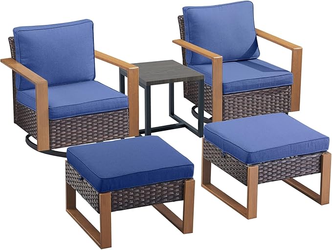 Rilyson Outdoor Wicker Patio Furniture Set - 5 Piece Patio Conversation Set with 2 Wicker Swivel Rocker Chairs,2 Ottoman, 1 Side Table, Thick Cushions, Deep Seating, Wide Armrest(Brown/Blue)