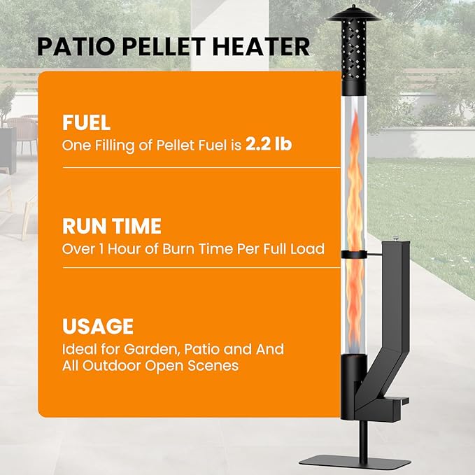 DoCred Patio Pellet Heater, 61.8" H Wood Pellet Heaters with Thickened Base, Smokeless Outdoor Glass Fire Tube Heater Metal Fire Pit for Patio, Backyard, Camping, Porch & Garden Outside, Black