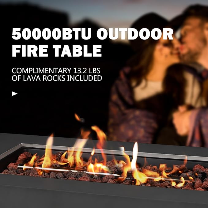 42" Rectangular Propane Fire Pit – 50,000 BTU Concrete Fire Pit with Tank Cover – 2-Piece Outdoor Firepits – Gas Fireplace for Deck or Patio