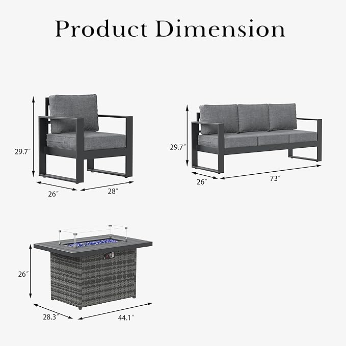 LayinSun 4 Pieces Aluminum Outdoor Patio Furniture Set, Metal Modern Conversation Sofa Set with Fire Pit Table and Washable Thick Cushions for Porch, Backyard, Deck