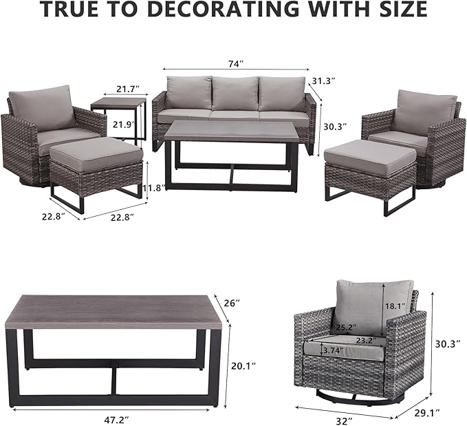 HUMMUH 7 Piece Patio Furniture Set Outdoor Sectional Sofa,High Back Patio Swivel Rocker Chairs with Ottomans Coffee Table for Porch,Garden,Backyard