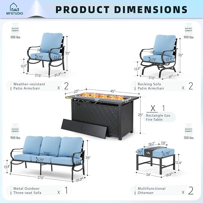 MFSTUDIO 8 Pieces Patio Furniture Sets with 45" Gas Fire Pit Table(Up to 9 Seat),Outdoor Metal Conversation Sofas with 1 x 3-Seat Sofa, 2 Single Chairs,2 Rocking Chairs and 2 Ottoman,Blue Cushion