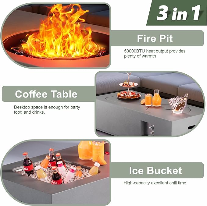 Dineli 2-Piece Outdoor Propane Fire Pit Table Set w Tank Table 48'' Rectangular Firepit w Ice Bucket Gas Fire Pits for Outside Patio Tabletop Fire Pits, 50,000 BTU, Gray