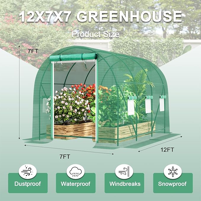 Walk-in Tunnel Greenhouse，Portable Plant Hot Housewith Dual Zippered Screen Doors & 6 Screen Windows Heavy Duty Plastic Plant Warm House with Reinforced Frame (12x7x7 FT)