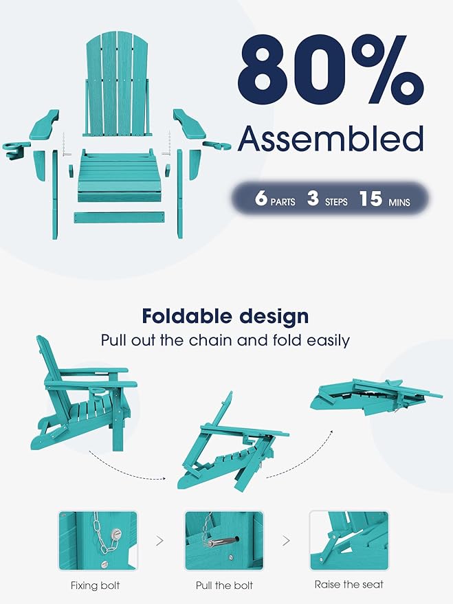 KINGYES Folding Adirondack Chair with Dual Cup Holders - HDPE All-Weather Outdoor Chairs, Wood-Like Patio Chair for Backyard, Camping, Pool & Fire Pit, Aruba