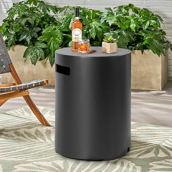 Propane Tank Cover Table Round, Outdoor Tank Covers Propane Storage Box 20 LB Modern Cover Tables with Side Handle, Concrete Hideaway Holder for Patio Backyard Deck (Black)