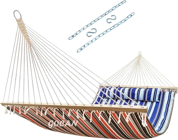 GOCAN Double Hammock with Quilted Fabric and Spreader Bars,Longer and Sturdier,Quality Hammocks for Outdoor Indoor Patio Yard