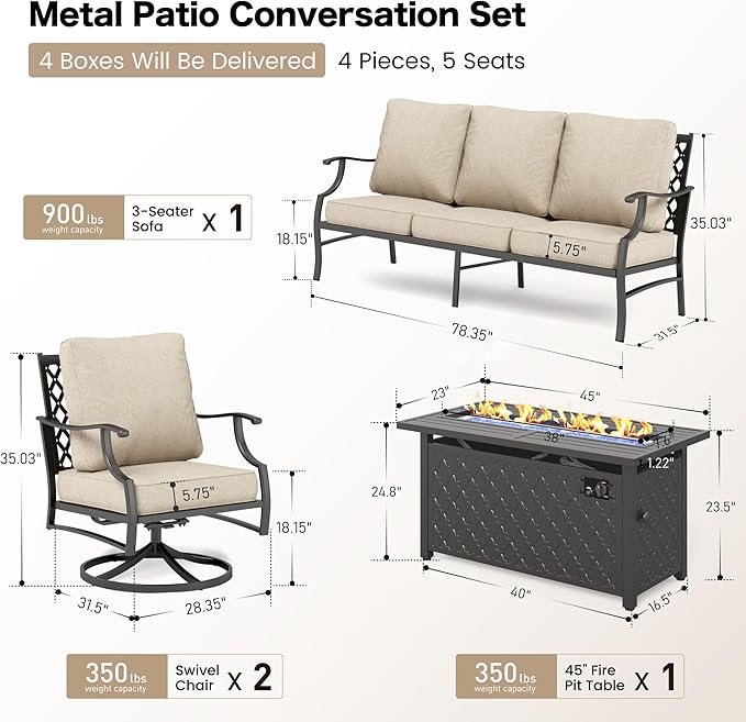 SUNSHINE VALLEY Patio Furniture Set with Firepit Table, 4 Piece Metal Outdoor Patio Furniture, 2 Swivel Chairs and 3 Seater Sofa with 5.75" Extra Thick Cushion and Gas Fire Pit Table for Backyard Deck