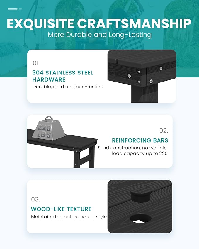 SERWALL Outdoor Bar Set - 2 Adirondack Bar Chairs & Bar Height Table with 1.6" Umbrella Hole, All-Weather HDPE Patio Furniture for Poolside, Backyard, Garden - Black