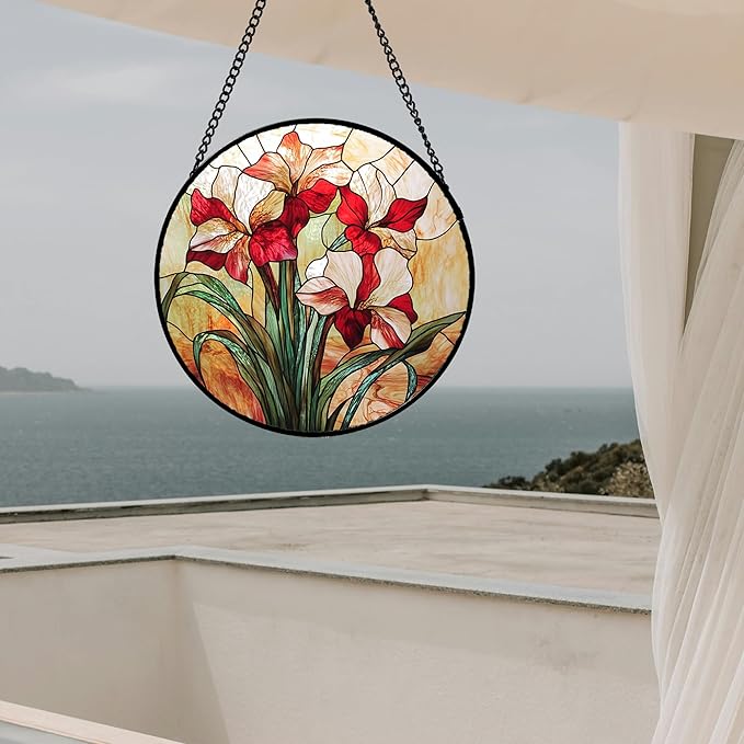 CRISGIF Stained Glass Window Hanging - Red Gladiolus Flower Suncatcher for Door Yard Sun Catchers Decor Christmas Mother's Day Birthday Gifts for Lovers Women Mom Nana Girlfriend Wife 6.3 in