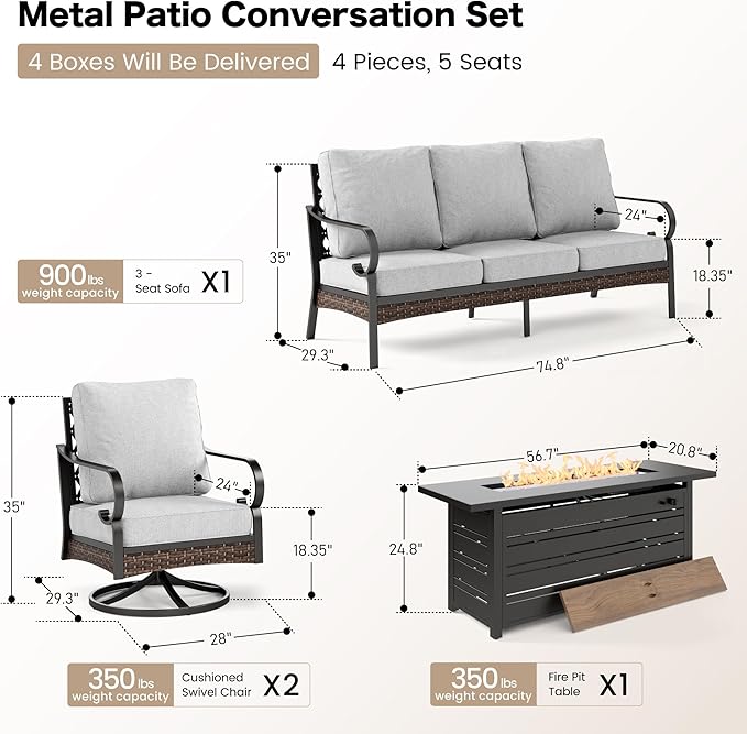 SUNSHINE VALLEY 4 Piece Black Metal Outdoor Patio Furniture Sets with Firepit Table, Patio Conversation Sets 1 3-Seater Sofa, 2 Swivel Sofa with 5.75" Cushion Backyard Furniture for Deck, Light Gray