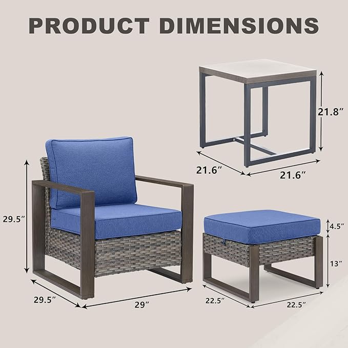 Rilyson Outdoor Wicker Patio Furniture Set - 5 Piece Patio Conversation Set with 2 Wicker Armrest Chairs,2 Rattan Ottoman, 1 Side Table, Sturdy Frame, Thick Cushions, Deep Seating(Mixed Grey/Blue)