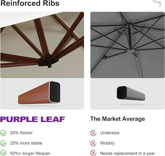 PURPLE LEAF 12ft Patio Umbrella Outdoor Round Large Cantilever Umbrellas Windproof Offset Umbrellas Heavy Duty Sun for Garden Deck Pool Patio, Cream