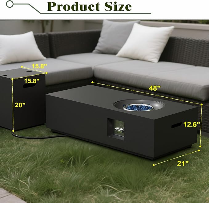 Dineli 2-Piece Outdoor Propane Fire Pit Table Set w Tank Table 48'' Rectangular Firepit Gas Fire Pits for Outside Patio Tabletop Fire Pits w LED, 50,000 BTU (Black with RGB Light)