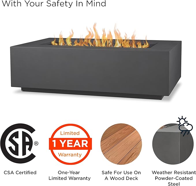 Real Flame Aegean 50in Rectangle Propane or Natural Gas Fire Pit Table, 50,000 BTU, Powder-Coated Steel, Push-Button Ignition, CSA Certified, Lava Rock, Storage Cover, Stainless Steel Burner with Lid