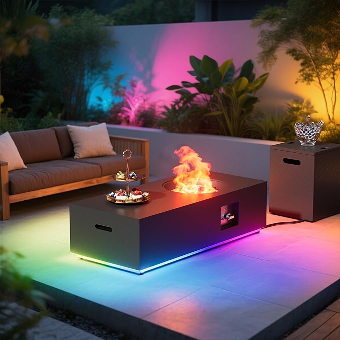 Dineli 2-Piece Outdoor Propane Fire Pit Table Set w Tank Table 48'' Rectangular Firepit Gas Fire Pits for Outside Patio Tabletop Fire Pits w LED, 50,000 BTU (Black with RGB Light)