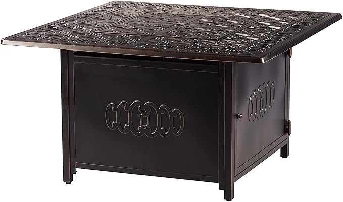 Aluminum 57,0000 BTU 42 in. Square Propane Black Fire Pit Table with Fire Beads, Lid, Propane Tank Cover and Table Fabric Covers in Copper Finish