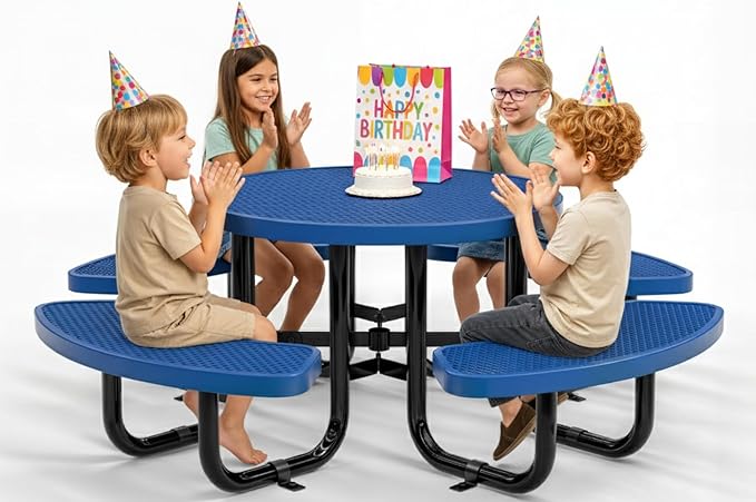 OUTTANS Round Metal Picnic Tables for Kids for Outdoors with Umbrella Hole, Adjustable Seats for School, Park, Playground(Blue, 38 in, Kids, Expanded Steel)