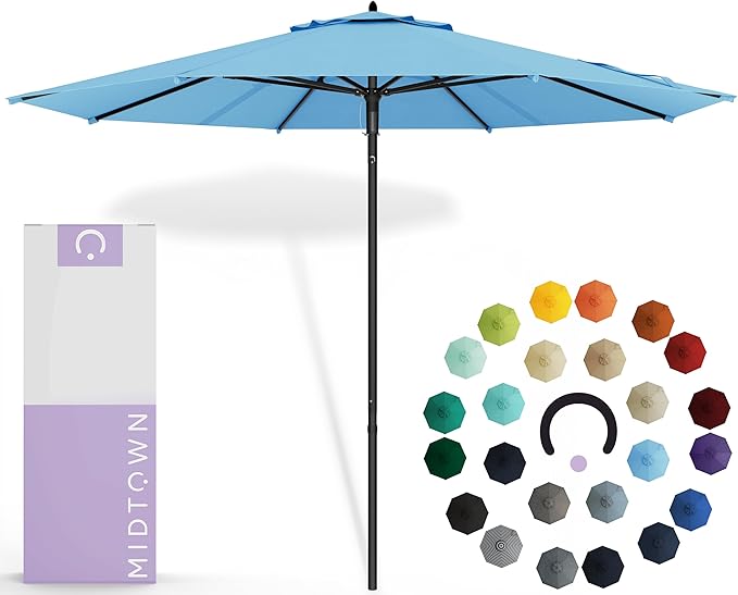 Midtown Umbrellas Push Pop Sunbrella Umbrella 8 Feet Outdoor Umbrella in Capri Fabric - Patio Umbrella, Backyard Umbrella, Garden Umbrella, Picnic Table Umbrella & Pool Umbrella - Black Pole
