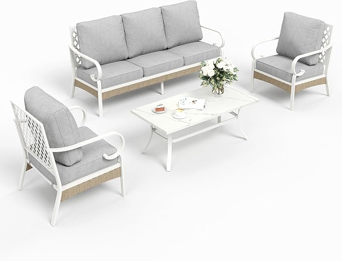 SUNSHINE VALLEY 4 Piece Metal Outdoor Patio Furniture Set, Patio Conversation Sets 1 3-Seater Sofa, 2 Single Sofa with 5.75" Extra Thick Cushion and Coffee Table, White Frame Backyard Furniture, Gray