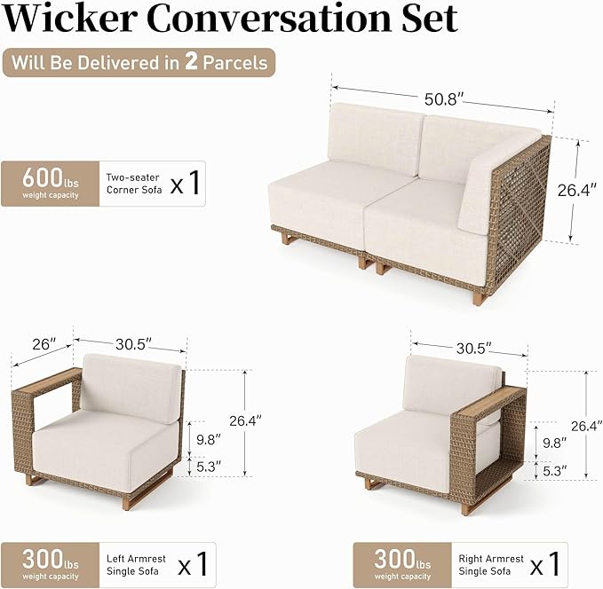 L Shaped Patio Furniture,Outdoor Rattan Wicker Sectional Sofa with 10''Ultra-Thick Cushions,All Weather Patio Conversation Set for Lawn Garden Backyard,Beige