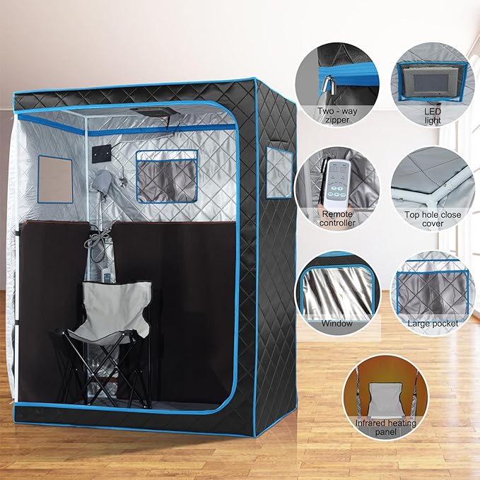 2 Person Portable Infrared Sauna for Home, Oversize Saunas Tent with Remote Control, Two Person Dry Heated Indoor Sauna Spa for Relaxation & Detox, 2 Foldable Sauna Chairs for Gym