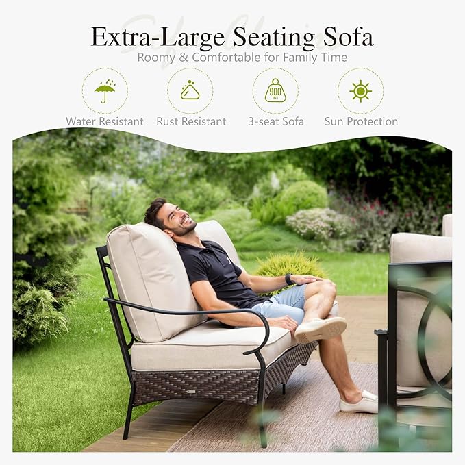 Sophia & William Patio Furniture Set with Fire Pit Table, 6 PCS Metal Outdoor Conversation Set with Fire Pit Table, 2 Sofa Chairs,2 Ottoman, 3-Seater Couch for Outdoor Seating, Backyard, Porch