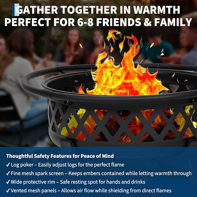 36-Inch Outdoor Wood Burning Fire Pit with Lid & Spark Screen, Heavy Duty Steel, BBQ Grill Grate, Poker, for Backyard, Patio, Campfire