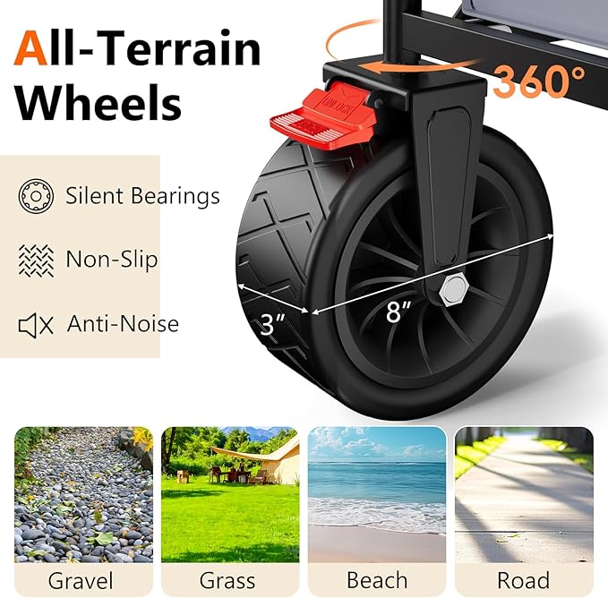3 in 1 Collapsible Wagon with 300lbs Weight Capacity,150L Heavy Duty Utility Cart with Removable Canopy,with Big All-Terrain Beach Wheels & Drink Holders,Gray