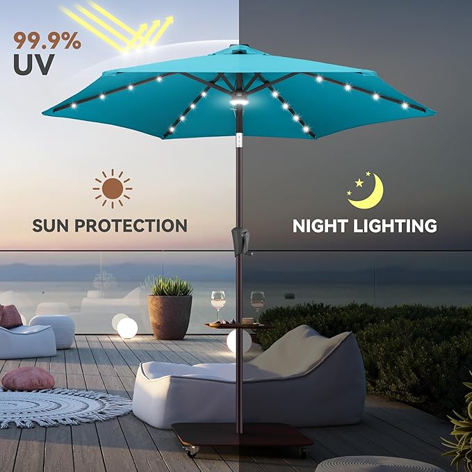 7.5ft Solar Umbrella Outdoor - Lighted Patio Umbrella with 24 LED Lights Waterprool Uv Protection, Table Umbrella with Tilt & Crank for Pool, Porch, Garden, Deck, Backyard(Sky Blue)