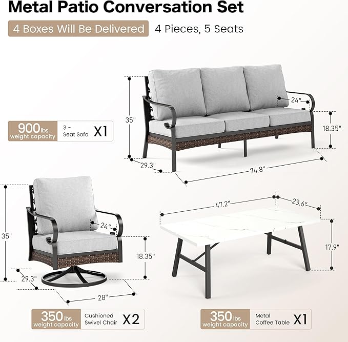 SUNSHINE VALLEY 4 PCS Metal Outdoor Patio Furniture Set, Patio Conversation Sets 1 3-Seater Sofa, 2 Swivel Chairs with 5.75" Extra Thick Cushion & Coffee Table, Black Backyard Furniture, Light Gray