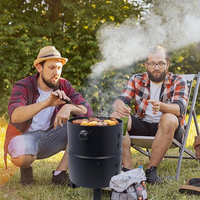 HALNYHYFD Charcoal BBQ Smoker, 16 Inch Heavy Duty Grill with 2 Cooking Area and Thermometer, 4 In 1 Vertical Smokers Grill for Outdoor Camping Backyard Picnic Party