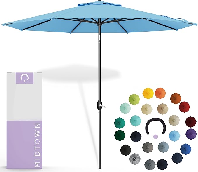 Midtown Umbrellas Sunbrella Umbrella 9 Feet Outdoor Umbrella With Canvas Capri Acrylic Fabric - Auto-Tilt Aluminum Frame Patio Umbrella For Backyard, Deck, Garden, Pool - Black Pole