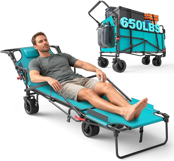 LEVELEVE Heavy Duty Folding Wagon - 2-in-1 Collapsible Cart, 650lb Capacity, All-Terrain Wheels w/Brakes & Side Pockets (Azure Blue)
