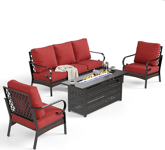 SUNSHINE VALLEY 4 Piece Black Metal Outdoor Patio Furniture Sets with Firepit Table, Patio Conversation Sets 1 3-Seater Sofa, 2 Chairs with 5.75" Thick Cushion Backyard Furniture for Deck, Rust Red