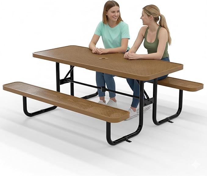 Commercial Heavy-Duty Metal Picnic Table - ADA Compliant, Adjustable Seats, Umbrella Hole (Brown, 6' Rectangular, Punched Steel)