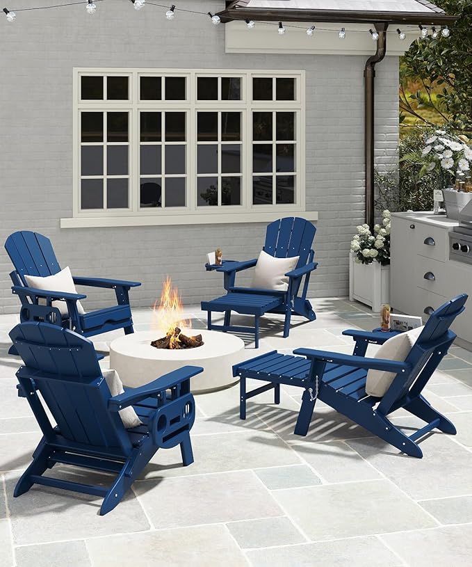 Adjustable Adirondack Chair with Retractable Ottoman Set of 8, HDPE Folding Adirondack Chair with Cup Holder, All Weather Fire Pit Chair for Outdoor.