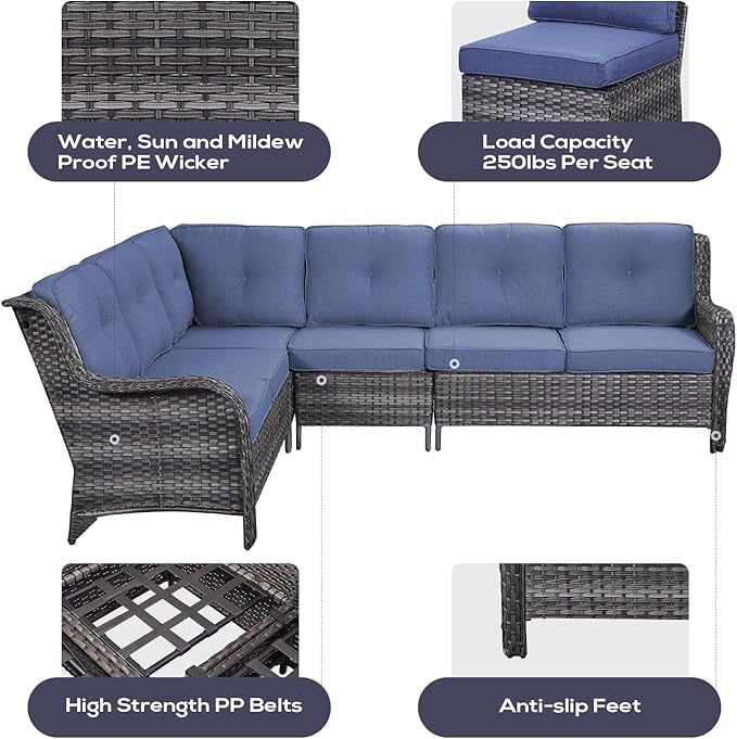 Belord Outdoor Sectional Furniture Sofa Set with Propane Fire Pit Table, Wicker Patio Conversation Set with 2 Swivel Rocker Glider Chairs Blue Cushion Perfect for Backyard Casual Gathering