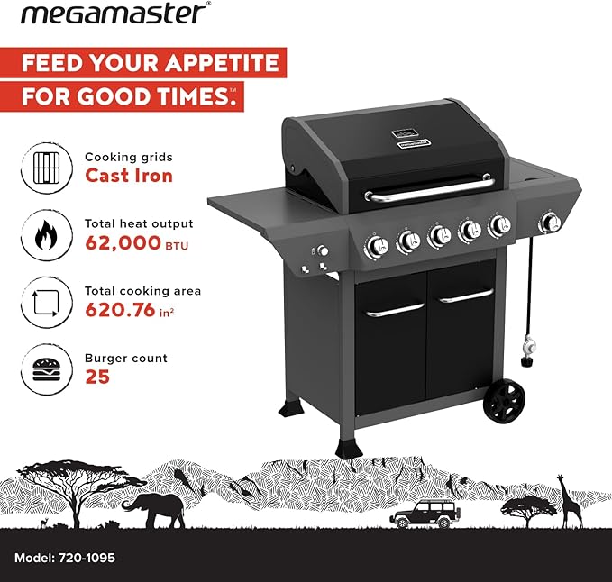 Megamaster 5-Burner Gas Grill with Side Burner, 66,000 BTUs, 753 SQ. In. Cooking Area, 2 Wheel Transport, Propane BBQ Grill with for Outdoor Cooking, Patios, and More - 720-1095