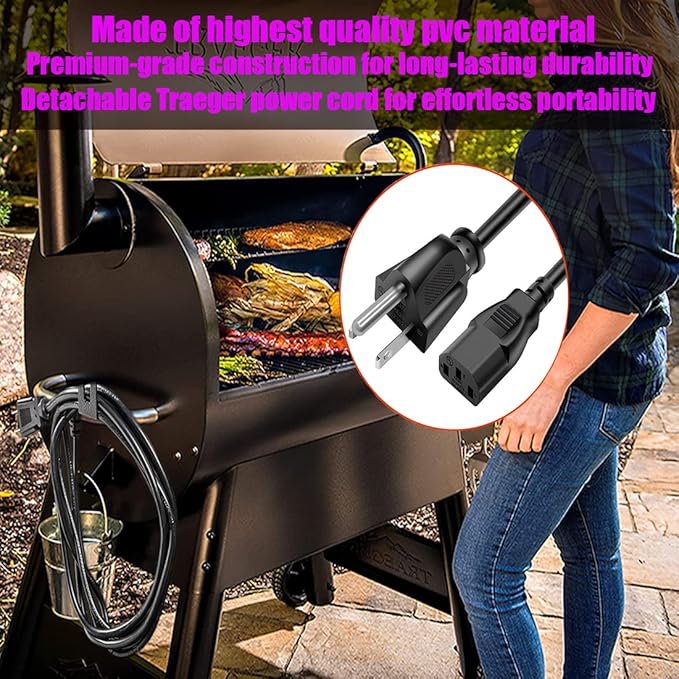 DONSIQIZZ Pellet Smoker Grill Power Cord Kit Replacement Part Compatible with Traeger Ironwood 650 & 885, Pro Series 575 & 780, Timberline 1300 & 850, 6 Feet，Black