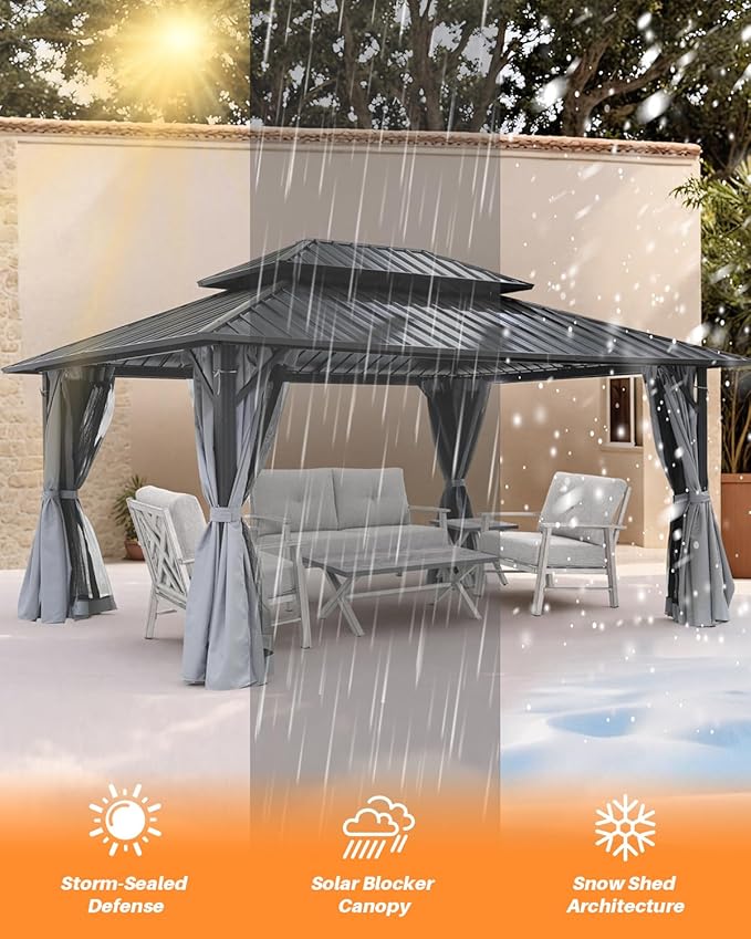 SEEHILL 12' x 16' Hardtop Gazebo, Outdoor Patio Gazebo, Aluminum Frame Patio Hardtop Gazebos with Netting and Curtain, Outdoor Patio Pergola with Double Steel Roofs for Deck, Lawns, Garden, Slate Gray