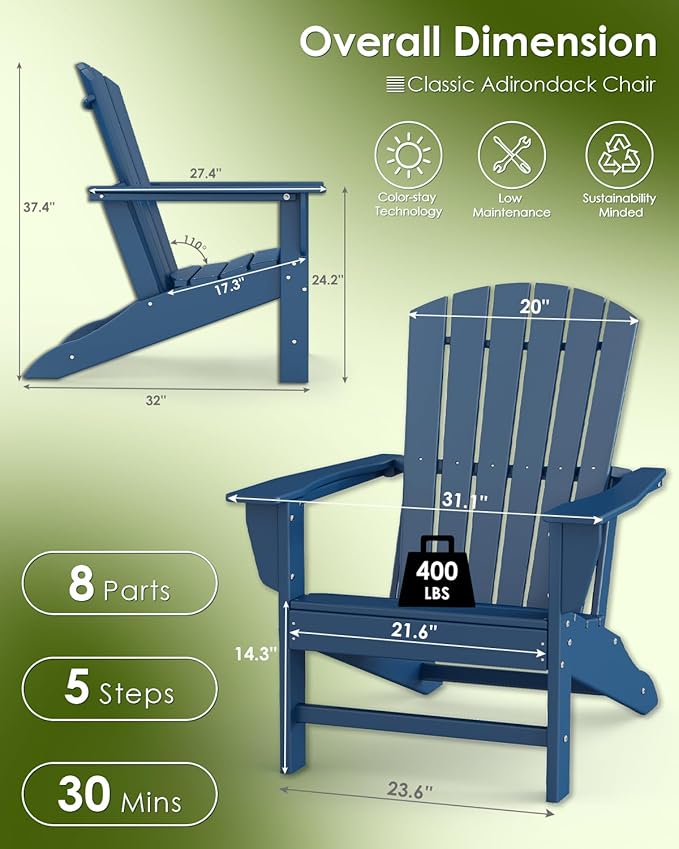 GREENVINES Adirondack Chairs Set of 4 | HDPE Plastic | Oversized Fire Pit Chair | All Weather | Blue | Poly Lumber | for Outdoor Deck Backyard Patio Garden
