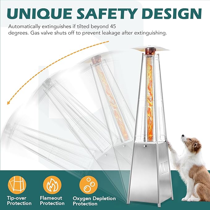 48,000 BTU Flame Pyramid Pool Heater With Cover, Stainless Steel Triple Safety Protection Patio Heater with Patio Cover, Warm Glass Tube Portable with Durable Wheels-Stainless Steel Color