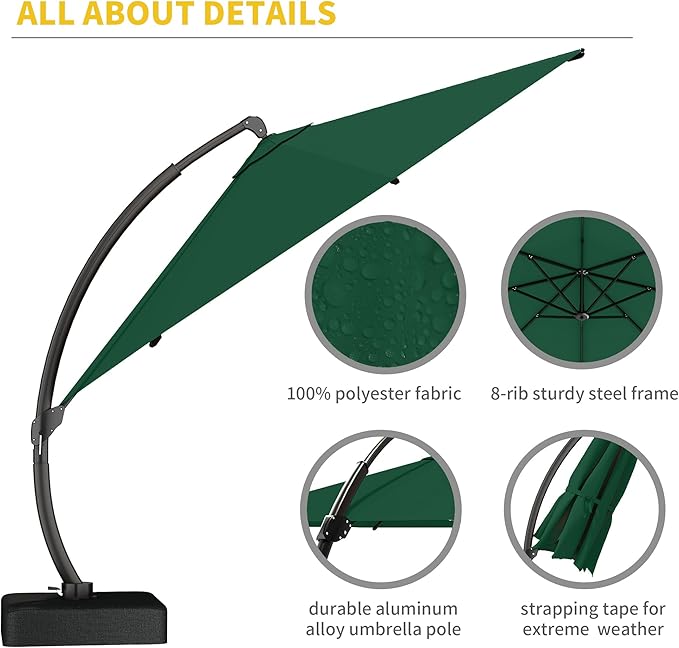 Kingdura 11ft Cantilever Patio Umbrella with Base Included, Large Round Offset Outdoor Pool Umbrella, 360° Rotation & Infinite Tilt, Heavy Duty Aluminum Frame for Deck Backyard, Dark Green