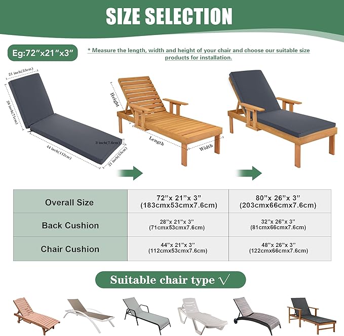 Chaise Lounge Cushions Outdoor Set of 4 - Waterproof and Fade Resistant Sun Lounger Replacement Cushions - Patio Lounger Pads with Removable Cover for Pool, Deck, 80 x 26 x 3 Inch, Dark Grey