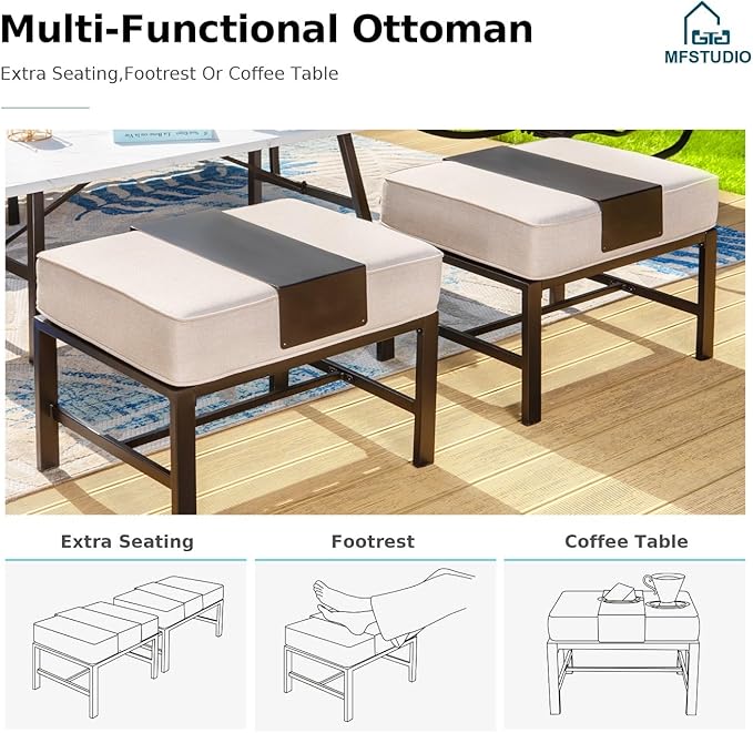 MFSTUDIO 6 Pieces Patio Furniture Sets with 45" Gas Fire Pit Table(Up to 7 Seat),Outdoor Metal Conversation Sofas with 1 x 3-Seat Sofa,2 Rocking Chairs and 2 Ottoman,Beige Cushion