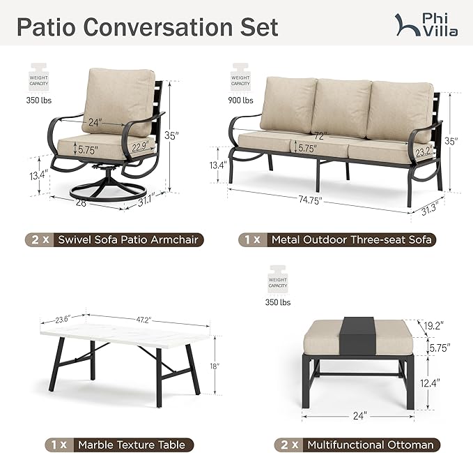 PHI VILLA 6 PCS Outdoor Patio Furniture Sets with 1x 3 Seater 72" Padded Deep Seating Bench, 2 x Cushioned Swivel Armrest Sofa Chairs, 2 x Ottoman and & 1 x Coffee Table for 5-7 Person